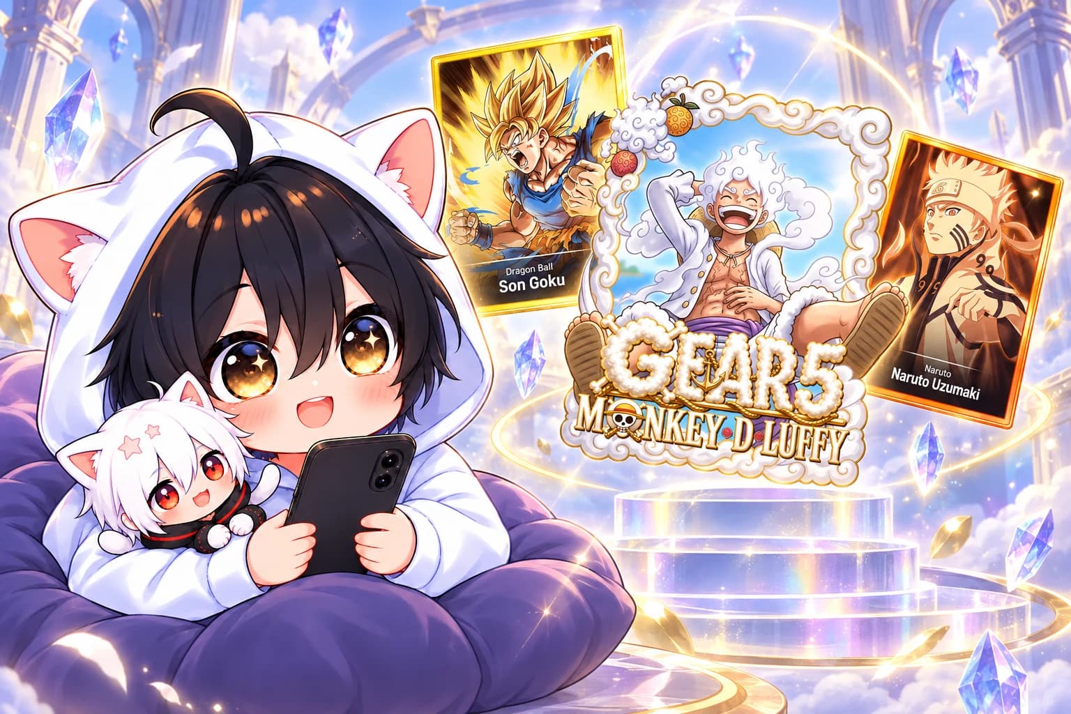 AniChibi holds a phone beside floating Goku, Gear 5 Luffy and Naruto collectibles