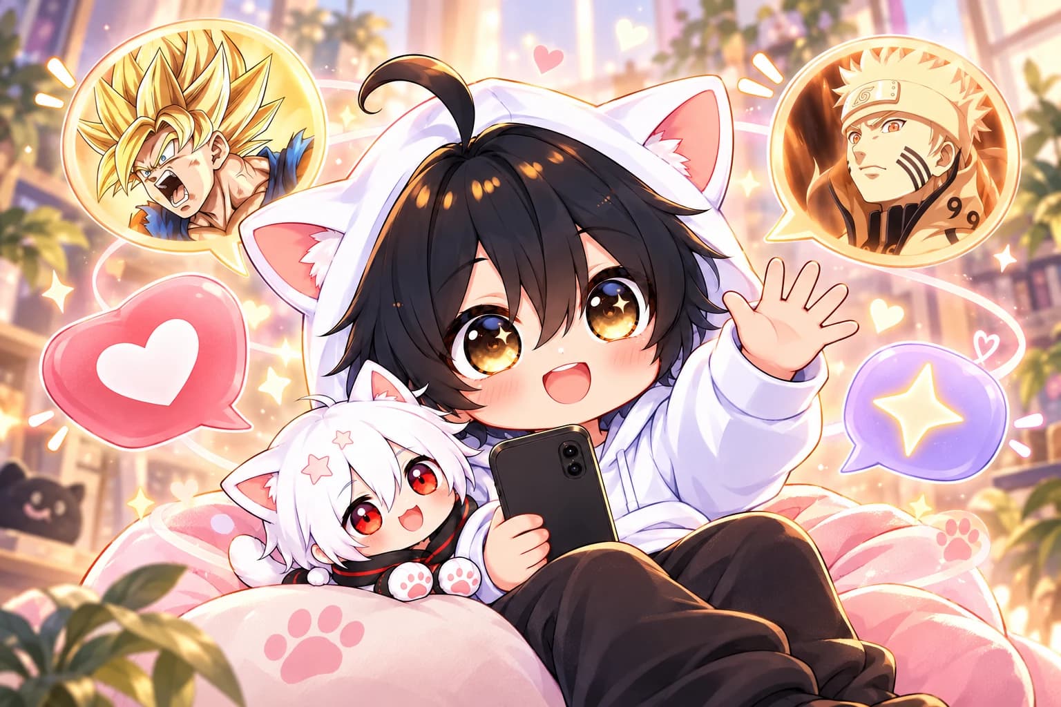 AniChibi and its companion welcome players with cheerful chat bubbles