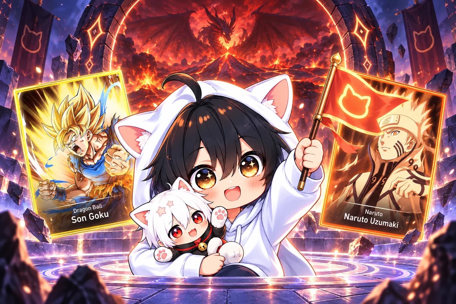 AniChibi rallies Goku and Naruto cards beside a volcanic raid portal